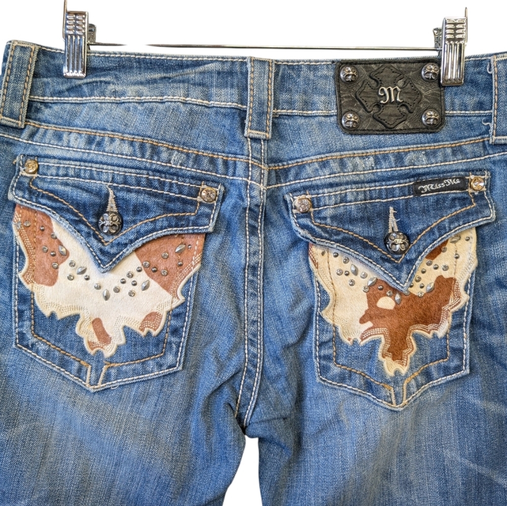 Vintage Miss Me cowhide distressed denim boot cut jeans size 30